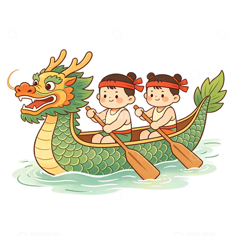 高清大图下载【趣麦麦图】-龙舟卡通插画儿童划船免扣素材