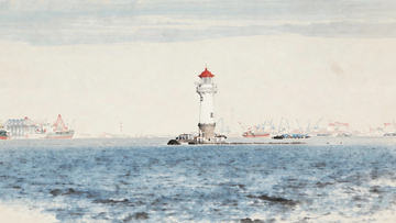 长江入海口吴淞灯塔水彩画