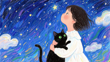 星空下女孩与黑猫插画
