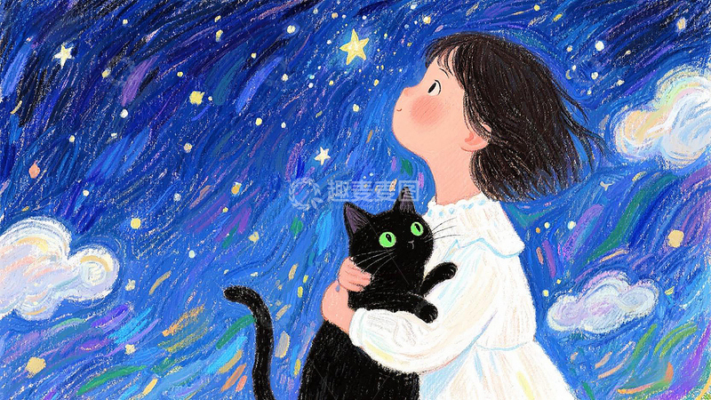 高清大图下载【趣麦麦图】-星空下女孩与黑猫插画
