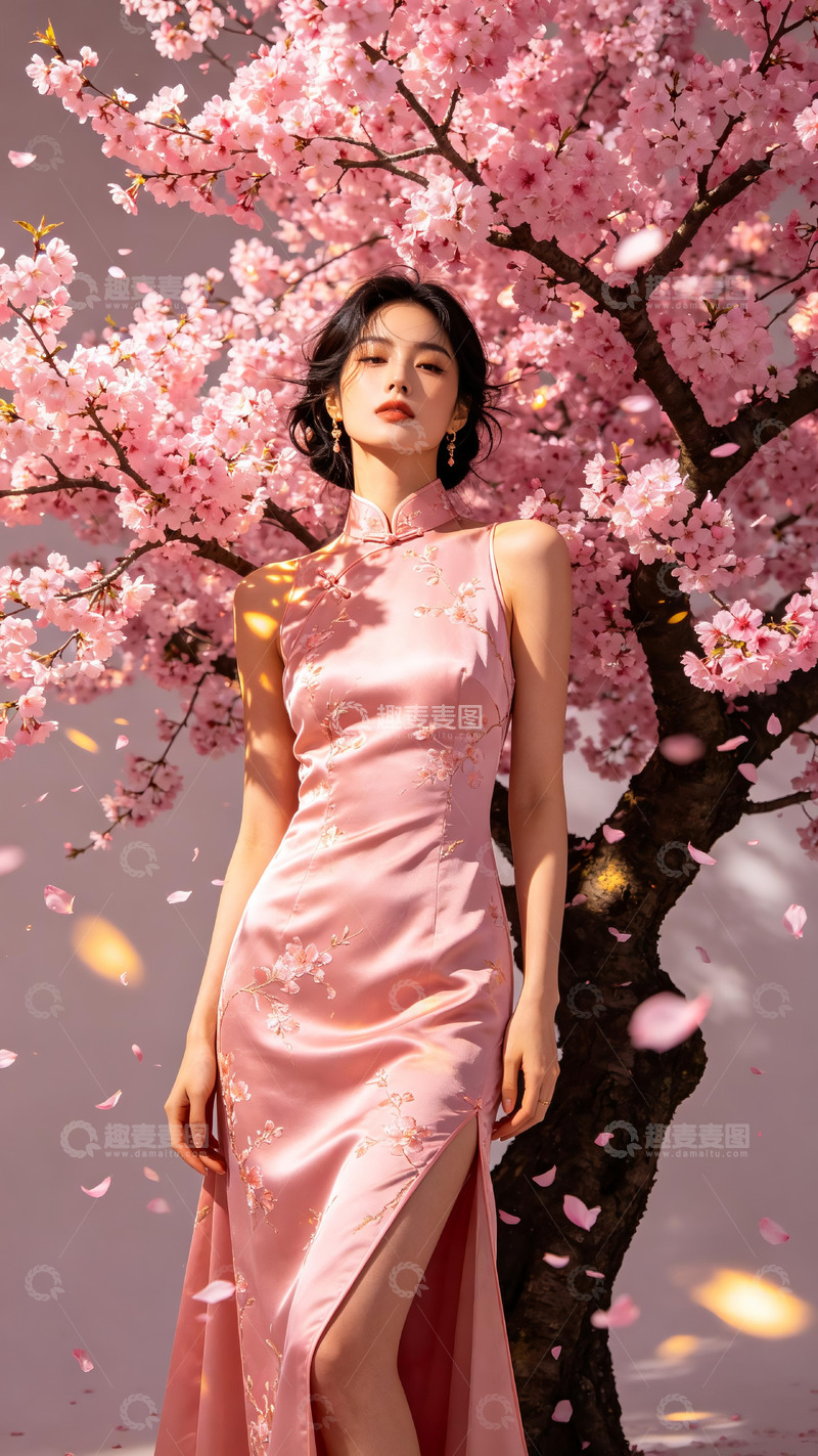 高清大图下载【趣麦麦图】-樱花树下的粉色长旗袍美女写真摄影1