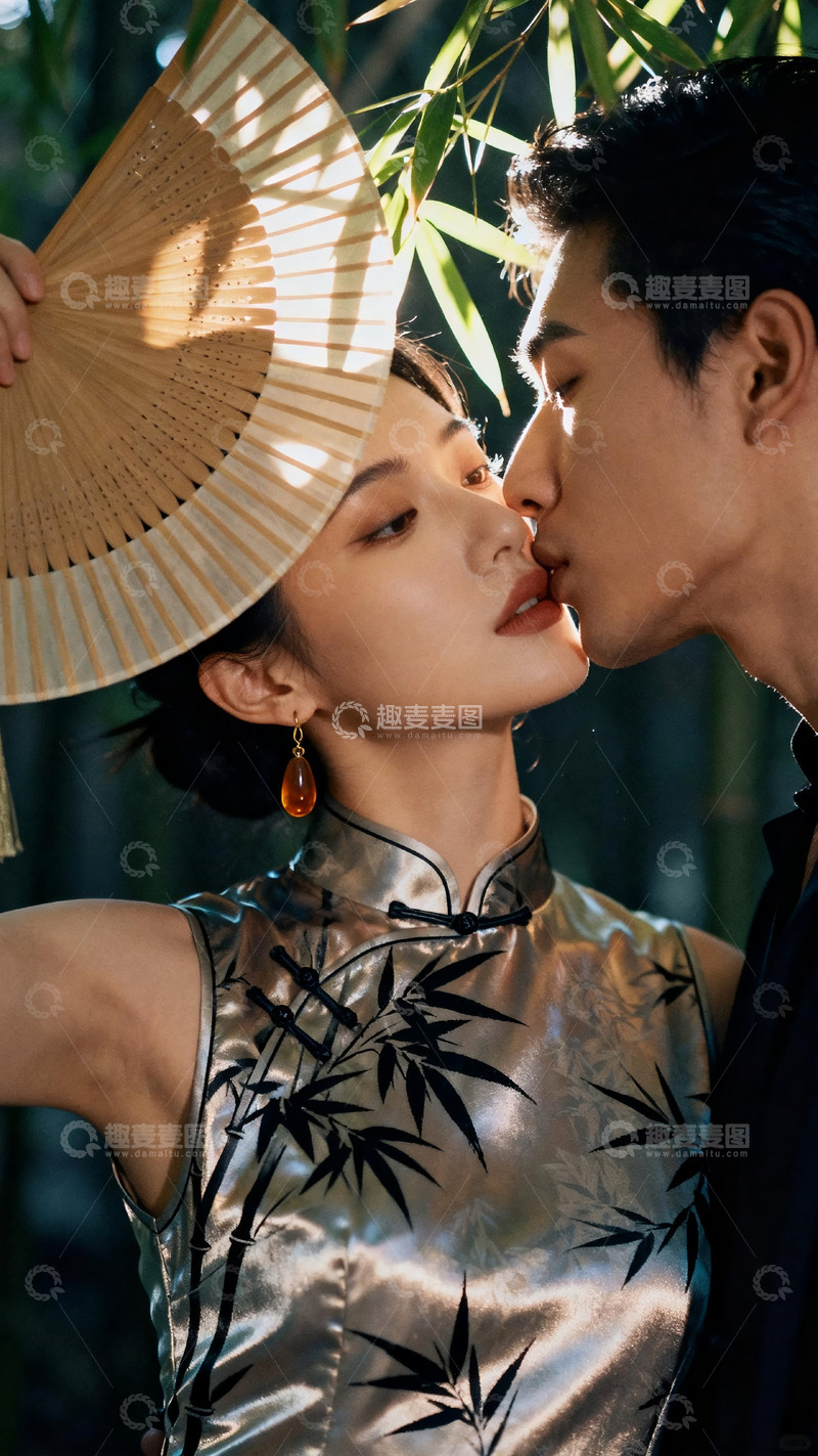 高清大图下载【趣麦麦图】竹林折扇新中式旗袍情侣氛围感婚纱照1