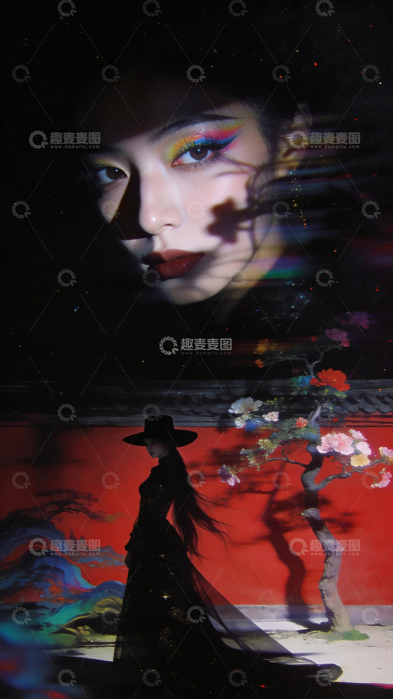 高清大图下载【趣麦麦图】红墙墨影新中式双重曝光人像1