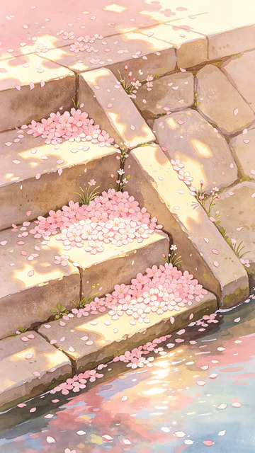 樱花石阶春日美景插画
