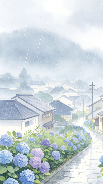 雨中乡村绣球花小径