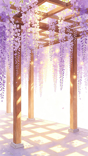 梦幻紫藤花架插画