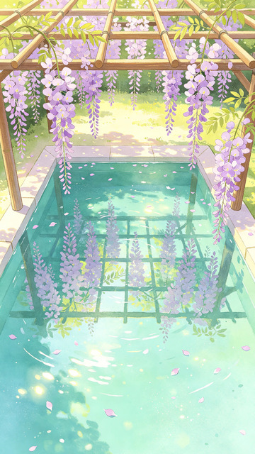 紫藤花架水池插画