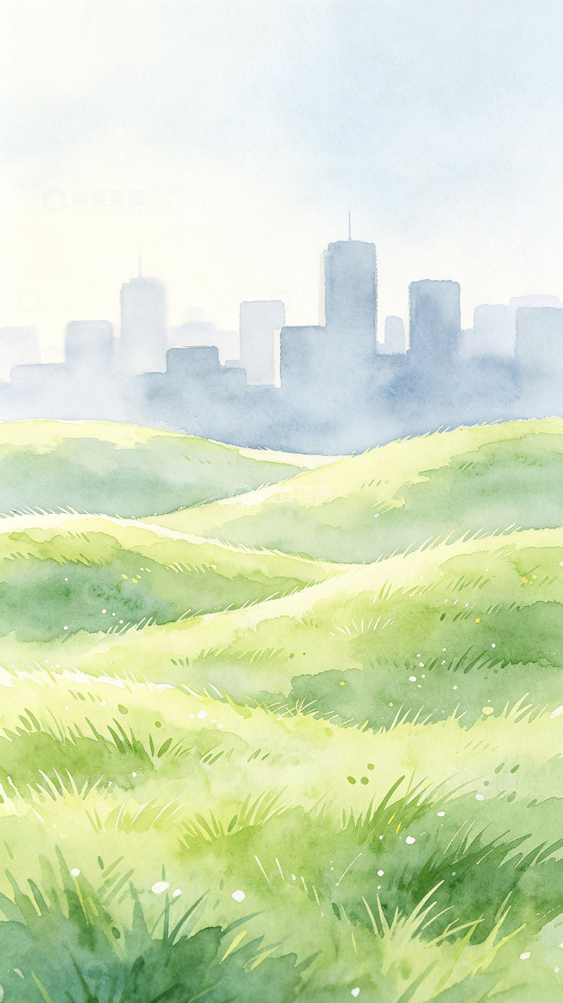 高清大图下载【趣麦麦图】草地城市剪影水彩插画背景