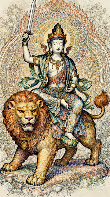 佛教艺术风格人物与狮子插画