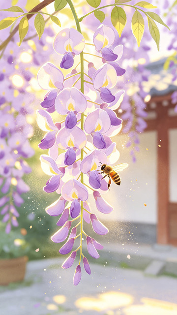 紫藤花开春日蜜蜂采蜜图