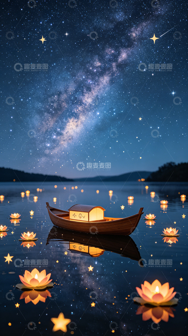 高清大图下载【趣麦麦图】星空灯船梦幻夜景