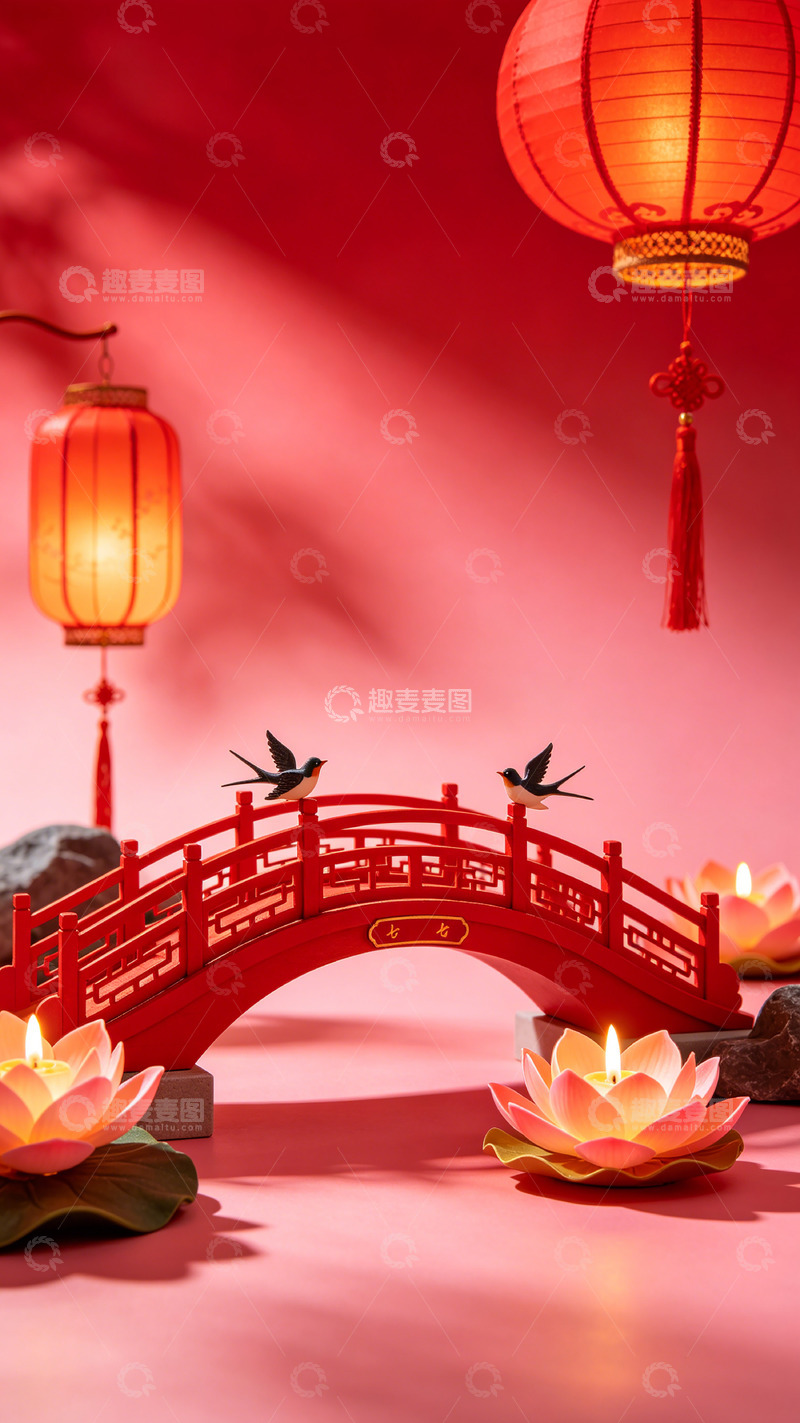 高清大图下载【趣麦麦图】中式节庆灯笼荷花桥景创意素材