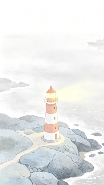 灯塔雾中海景手绘插画