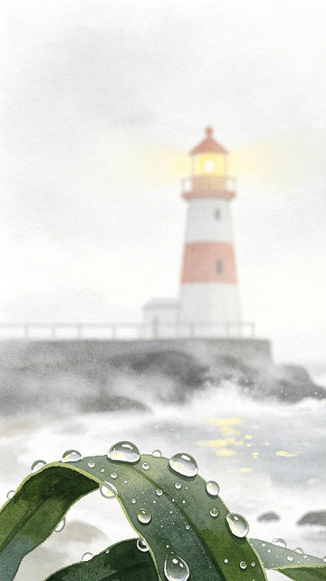灯塔雨滴水彩画
