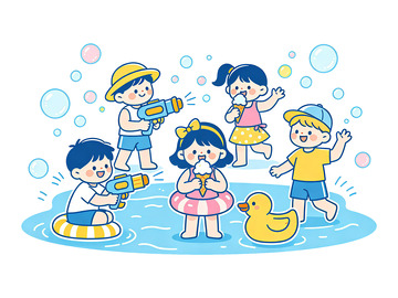 欢乐夏日孩童玩水插画