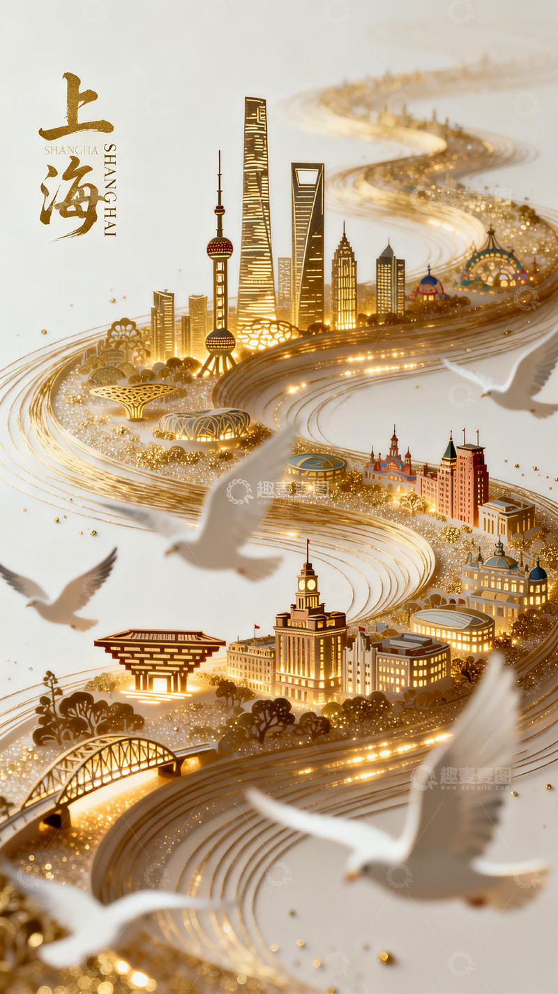 高清大图下载【趣麦麦图】金色上海城市风光艺术插画