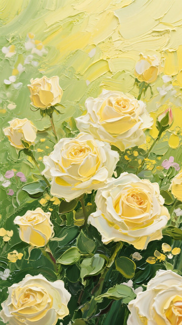 油画风黄白玫瑰花丛装饰画