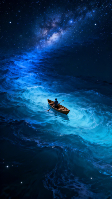星空海洋小船幻想图