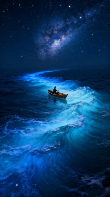 夜空海洋小船梦幻插画