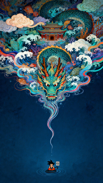 东方神话龙腾海浪插画