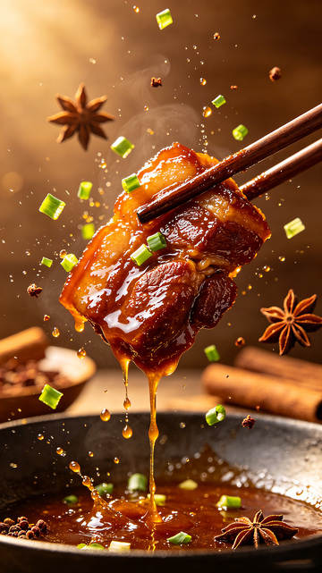 鲜嫩多汁的红烧肉被筷子挑起
