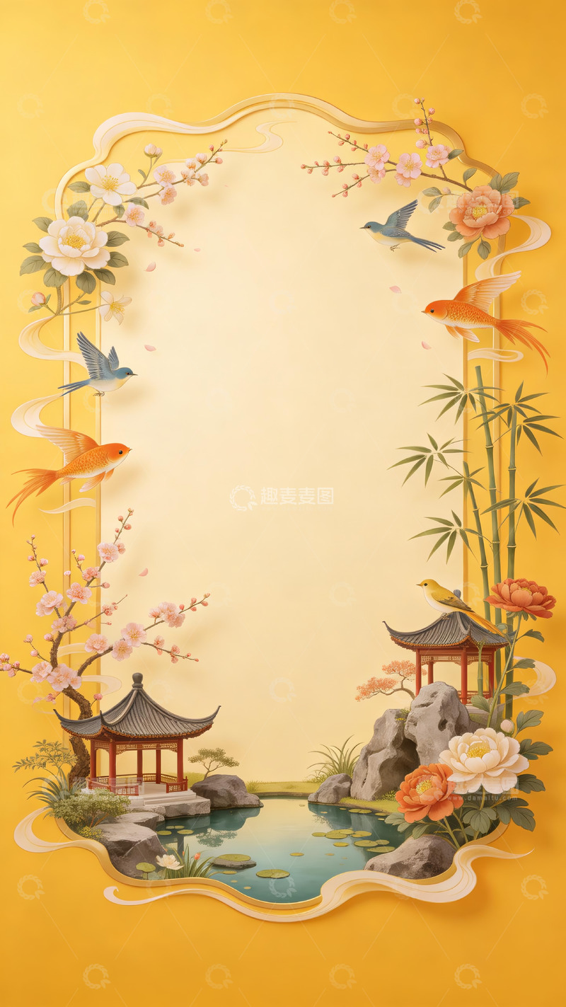高清大图下载【趣麦麦图】黄底庭院亭榭花鸟古风留白标题框2