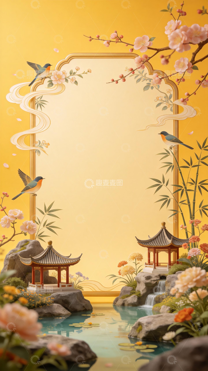 高清大图下载【趣麦麦图】黄底庭院亭榭花鸟古风留白标题框1