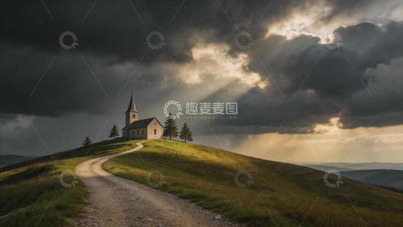 高清大图下载【趣麦麦图】-山间教堂光影风景摄影图片