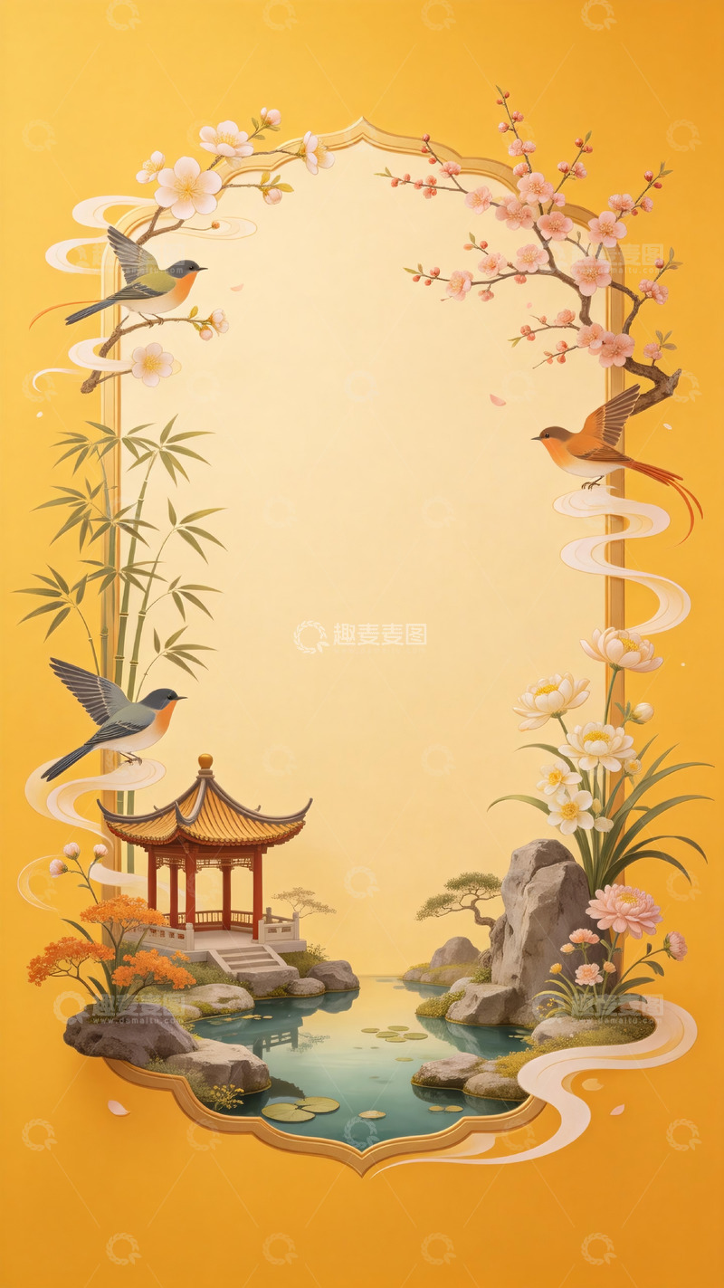 高清大图下载【趣麦麦图】黄底庭院亭榭花鸟古风留白标题框3