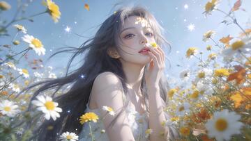 动漫少女花海梦幻场景插画素材