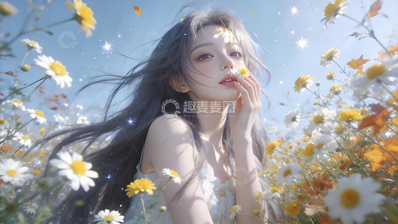 高清大图下载【趣麦麦图】-动漫少女花海梦幻场景插画素材