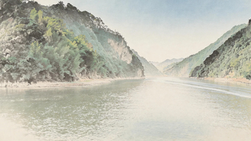 诸暨五泄山水风景水彩画江河风景