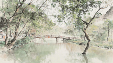 绍兴诸暨水彩风景山水桥树