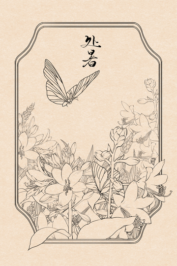 线描花卉蝴蝶处暑玉簪花节气插画