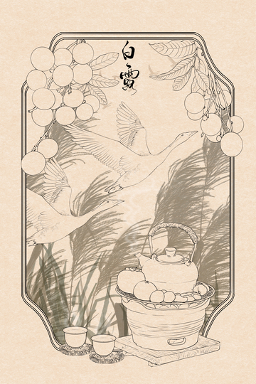 白露节气茶具煮茶大雁龙眼桂圆插画