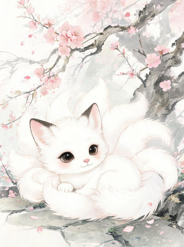 樱花树下白猫插画