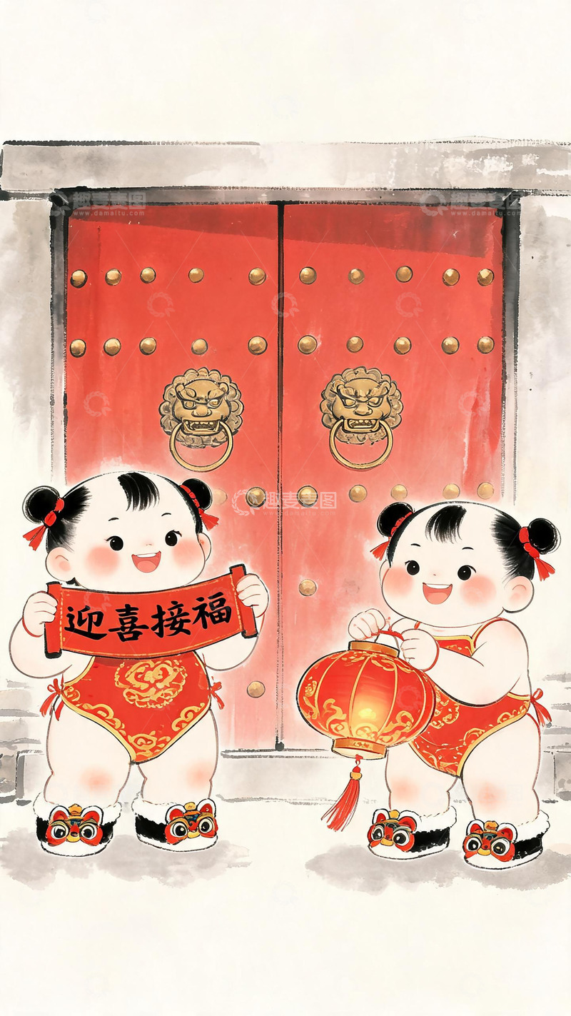 高清大图下载【趣麦麦图】年画风春节孩童迎福图