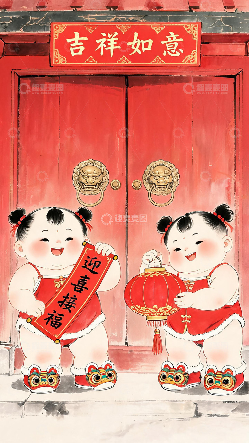 高清大图下载【趣麦麦图】年画风格春节孩童贺岁图