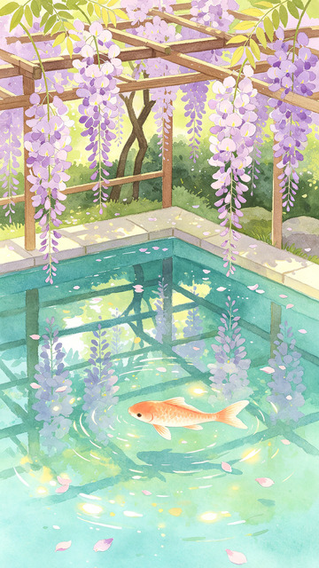 紫藤花池锦鲤图