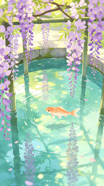 紫藤花池锦鲤图