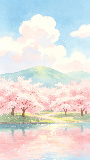 水彩樱花湖畔美景