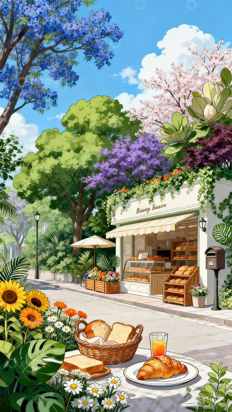 高清大图下载【趣麦麦图】插画风街边面包店早餐场景