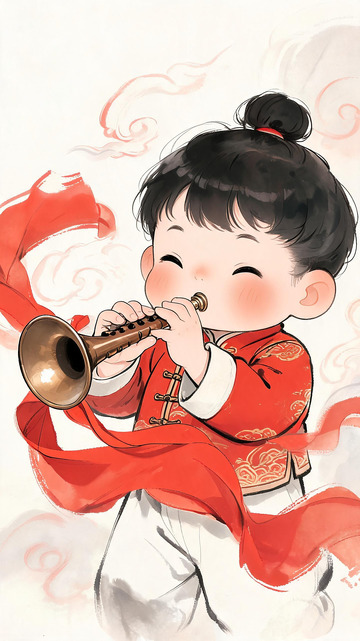 古风娃娃吹笛子插画