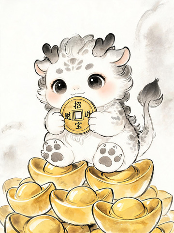 萌萌哒神兽招财进宝水墨画