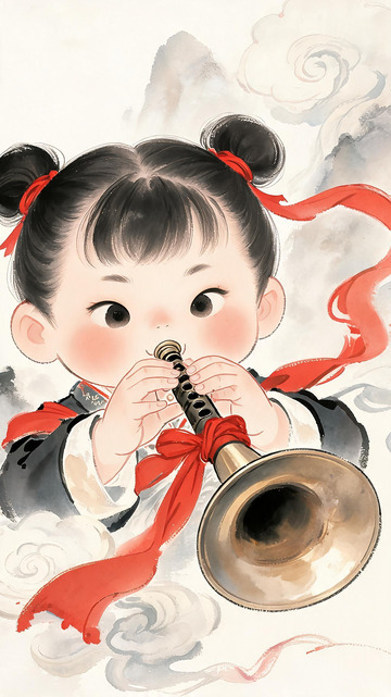 古风小女孩吹号角卡通插画
