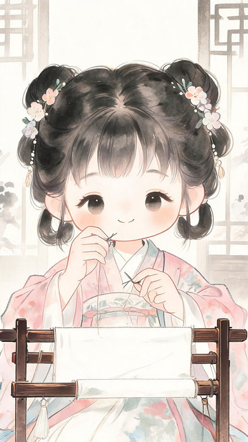 古风汉服少女刺绣插画