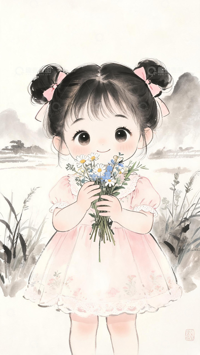 高清大图下载【趣麦麦图】水墨卡通小女孩插画