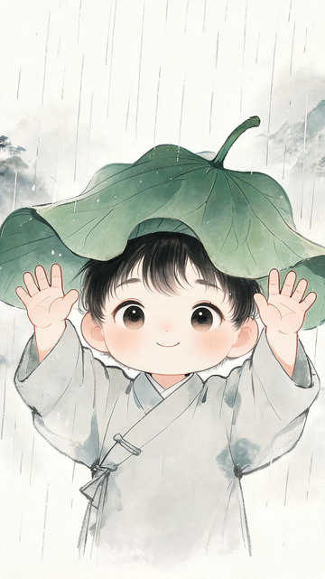 古风孩童雨中嬉戏插画