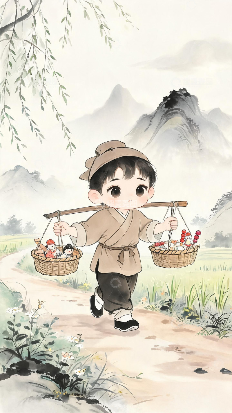 高清大图下载【趣麦麦图】水墨风儿童采摘插画