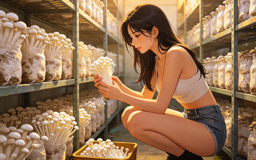 农舍菇房少女采蘑菇插画